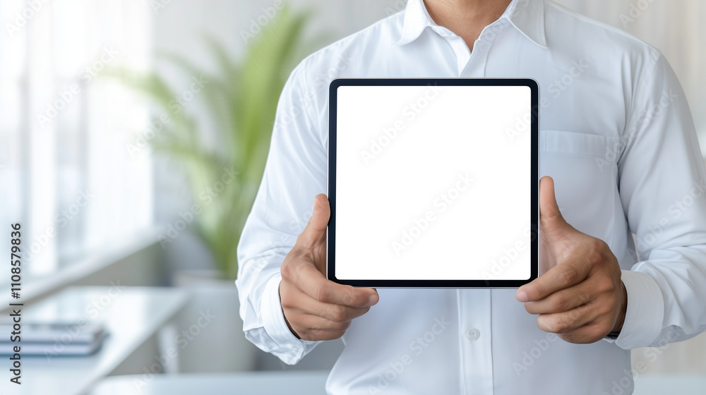 A businessman holds a mockup a tablet with blank screen for replaces your design or idea. A businessman holds a mockup a tablet with blank screen for replaces your design or idea.