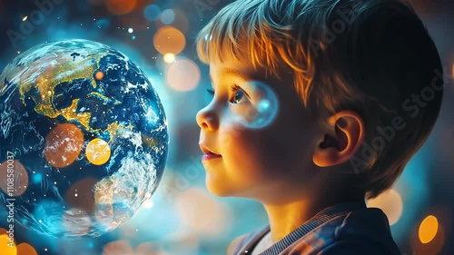 A young child gazes in awe at a vibrant representation of the Earth amidst a dreamy backdrop. Curious and filled with wonder, the scene captures the essence of childhood imagination and exploration.