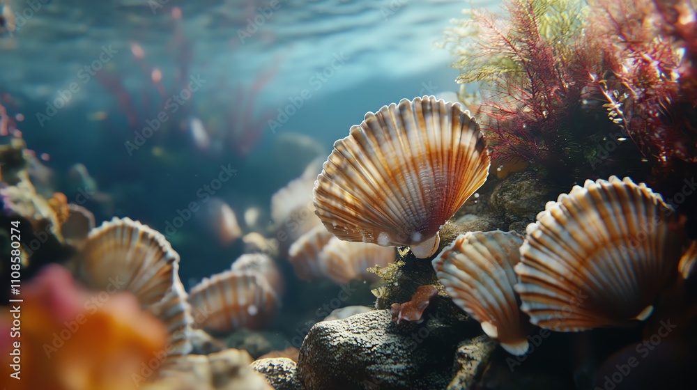 Obraz premium Colorful marine life with scallop shells in a vibrant underwater scene.