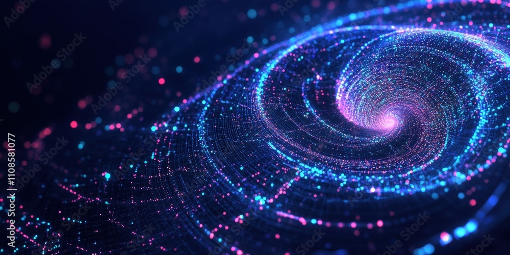 Obraz premium Colorful Data Visualization with Dark Blue Background Featuring Spiraling Patterns of Vibrant Light Particles in Abstract Design