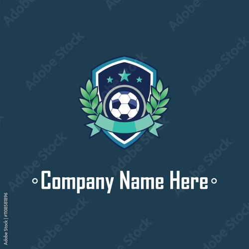 Shield soccer ball laurel stars ribbon dark blueteal