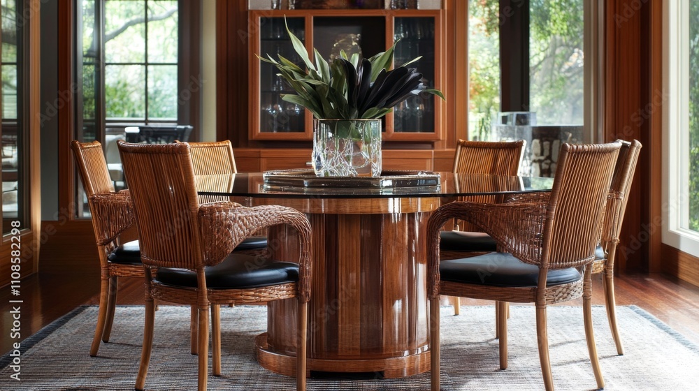 Fototapeta premium Exquisite Dining Room with Round Glass Table and Wicker Chairs