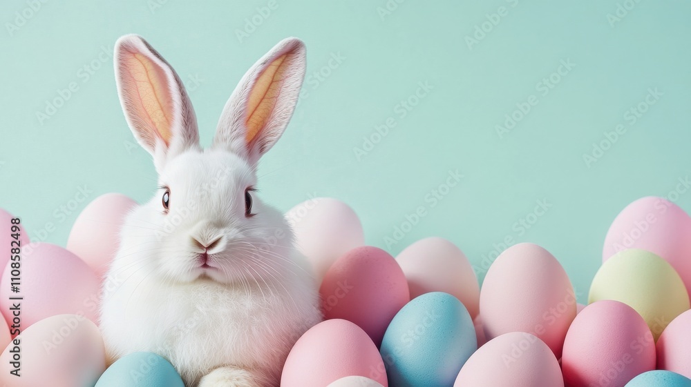 Obraz premium A cute white rabbit surrounded by colorful pastel Easter eggs.