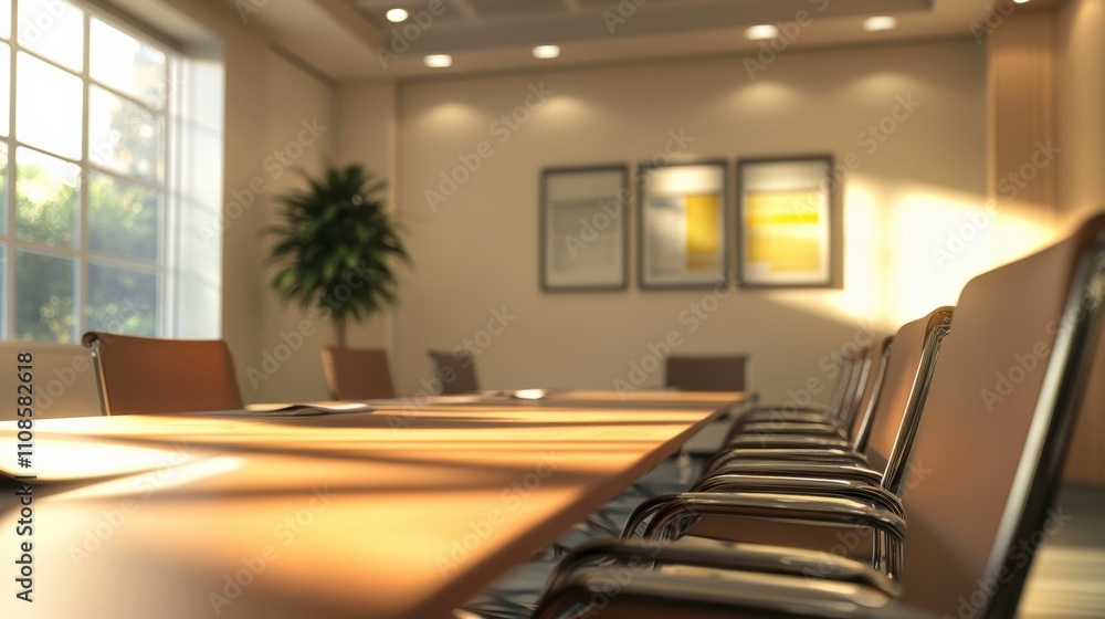 Fototapeta premium Modern Office Meeting Room With Sunlight Illuminating the Empty Space. Generative AI