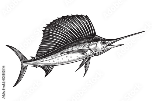 sailfish sketch engraving drawing vector illustration