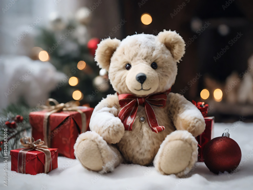 The teddy bear is surrounded by Christmas gifts, ready for the holiday. The teddy bear is surrounded by Christmas gifts, ready for the holiday.