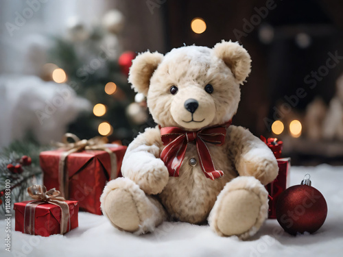 The teddy bear is surrounded by Christmas gifts, ready for the holiday.