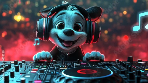 Joyful Animated Dog DJ Spinning Vibrant Beats with Headphones at a Colorful Party Atmosphere