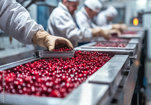 Workers in a food production facility are sorting through a conveyor belt of cranberries. The scene suggests industrial processing and quality control of fresh produce