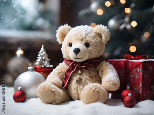 Snowflakes fall gently around the teddy bear, adding to the Christmas charm.