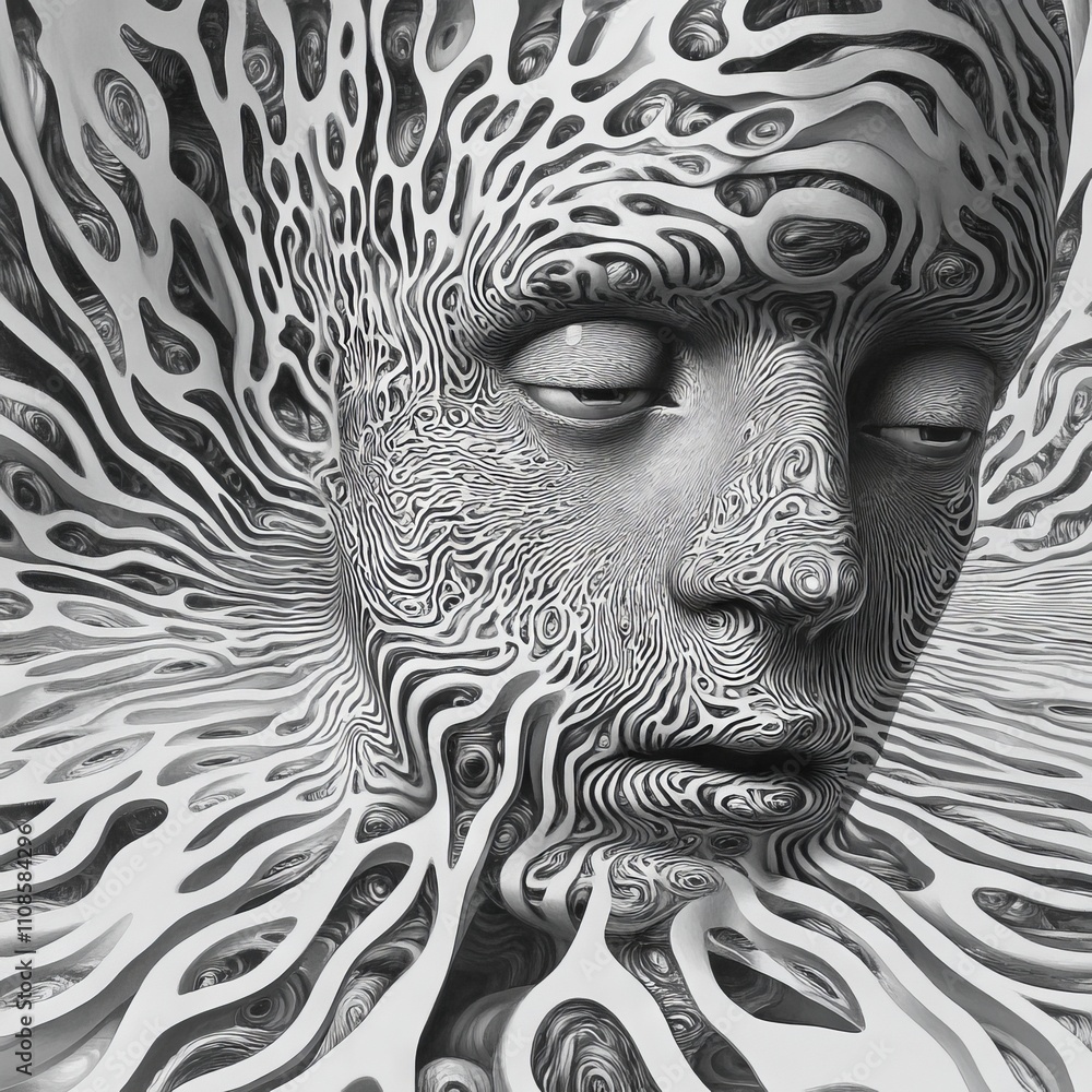 Fototapeta premium A surreal abstract face with intricate patterns and flowing lines, creating a mesmerizing monochrome design.
