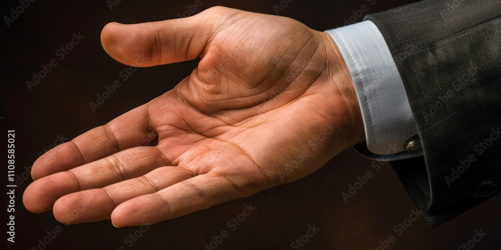 Fototapeta premium Businessman reaching out close up hand with open palm black background
