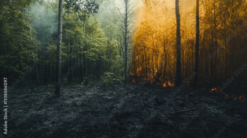 Fototapeta premium Dramatic Split-View Image of a Forest Fire Lush Green Meets Fiery Destruction - Environmental Disaster Photography