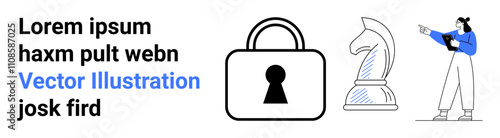 Woman pointing at large chess knight, oversized padlock, placeholder text. Ideal for strategy, security, information, focus, direction attention. Landing page