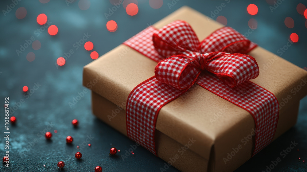 Obraz premium Elegant Brown Gift Box with Red Checkered Ribbon for Special Occasions
