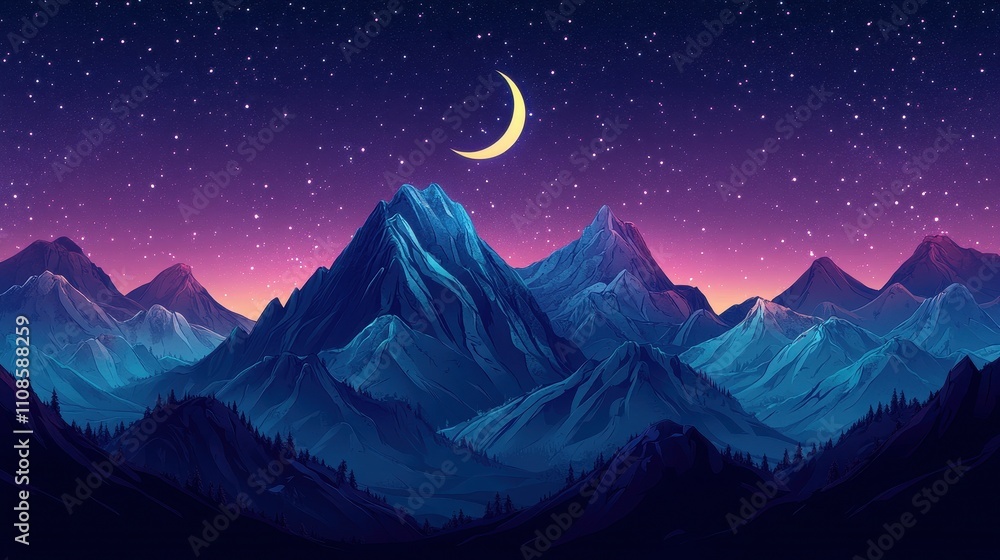 Obraz premium Majestic Mountain Range Under a Crescent Moon and Starry Night Sky - Digital Art Illustration
