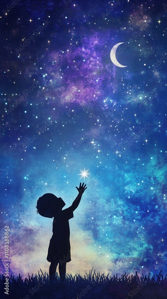 Child Reaching for the Stars Silhouette of a Young Boy Under a Magical Night Sky with Crescent Moon and Sparkling Stars - Dreamy, Hopeful Stock Photo. Child Reaching for the Stars Silhouette of a Young Boy Under a Magical Night Sky with Crescent Moon and Sparkling Stars - Dreamy, Hopeful Stock Photo.