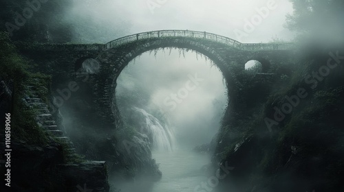 Enchanting Misty Stone Arch Bridge over Waterfall in Foggy Gorge - Eerie Fantasy Landscape Photography photo