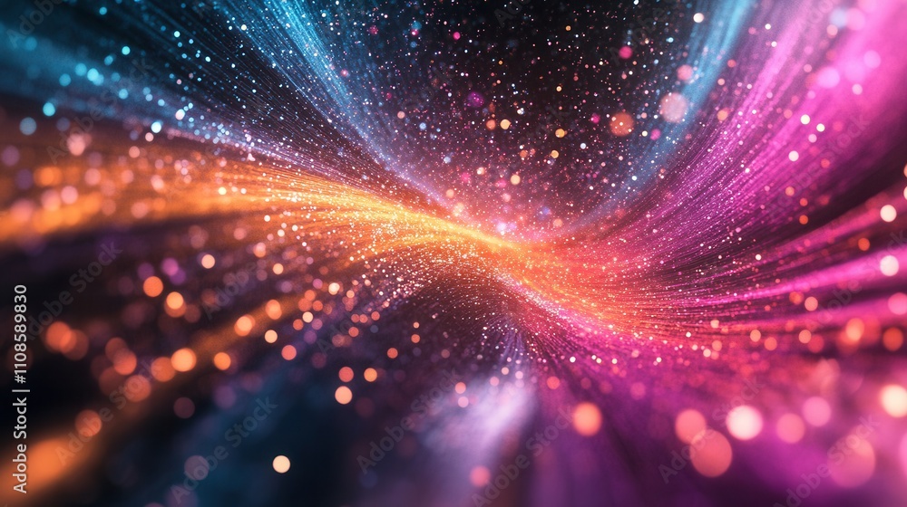 Obraz premium Abstract Glittering Background Vibrant Pink, Orange, and Blue Light Trails with Sparkling Bokeh Effect for Festive Design, Technology, and Cosmic Concepts.