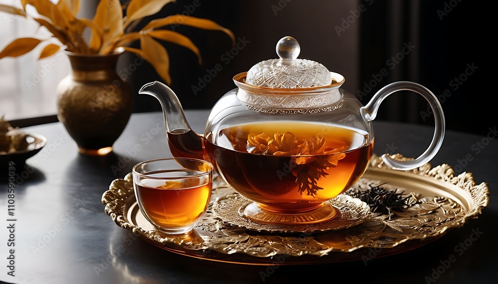 Fototapeta premium a teapot and a cup of tea on a tray with a tree on it.