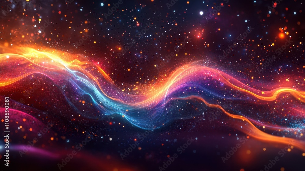 Fototapeta premium Abstract Cosmic Nebula Vibrant Glowing Waves of Light and Energy with Sparkling Particles - High-Resolution Background Image
