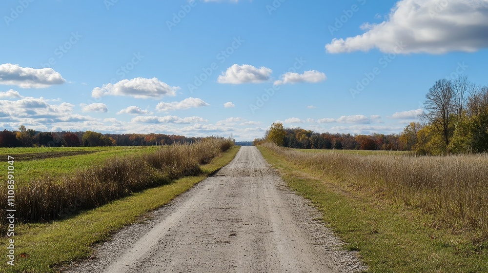 Obraz premium Scenic Autumn Countryside Road Gravel Path Leading Through Fields and Colorful Trees Under a Blue Sky with Puffy Clouds