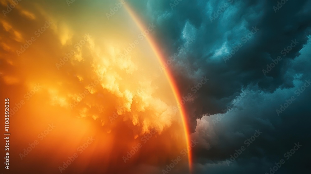 Fototapeta premium Dramatic Sunset Sky with Partial Rainbow, Fiery Orange and Teal Cloudscape Background