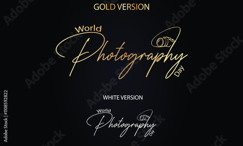 World Photography Day with Camera Icon. Hand drawn modern vector calligraphy. Simple inscription with swashes, wavy lettering text. 