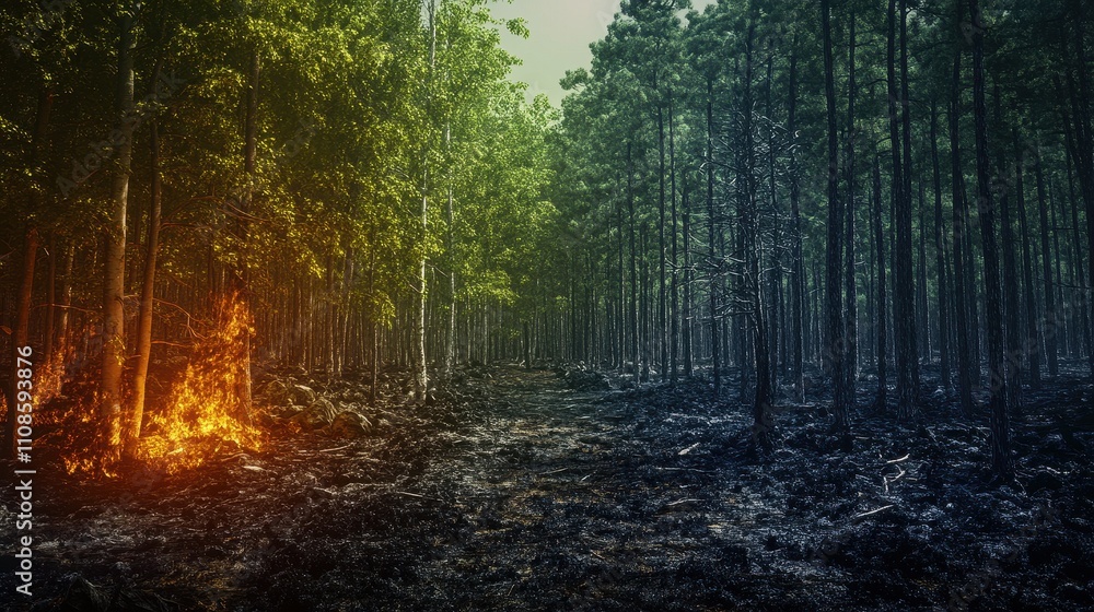 Obraz premium Dramatic Contrast Forest Fire Aftermath - Lush Green Meets Burned Earth, Environmental Impact, Climate Change, Nature Photography