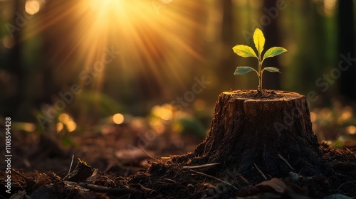 New Life Emerging from Old Tree Stump Sunrise Backlit Seedling in Forest - Nature Renewal Stock Photo