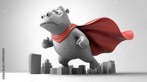 Superhero hippo runs through miniature cityscape creative illustration playful environment fun concept photo