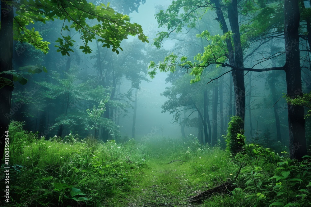 Obraz premium Tall Trees and Lush Undergrowth in a Foggy Forest Clearing