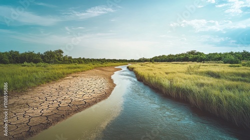 Aerial View of a River Running Through a Dried-Up Landscape Climate Change, Drought, and Environmental Concerns.