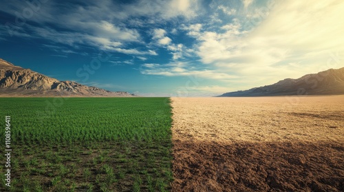 Dramatic Split Landscape Lush Green Meadow vs. Arid Desert Under a Vivid Sky - Climate Change and Environmental Contrast Stock Photo