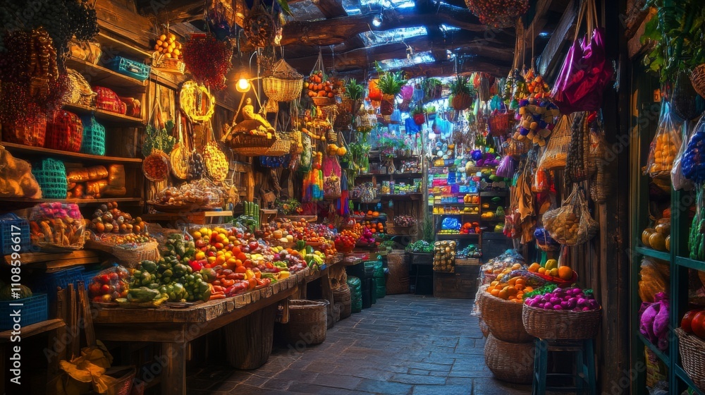 Fototapeta premium A vibrant market filled with colorful fruits and vegetables. Shelves are overflowing with fresh produce. Experience the essence of local shopping. Generative AI