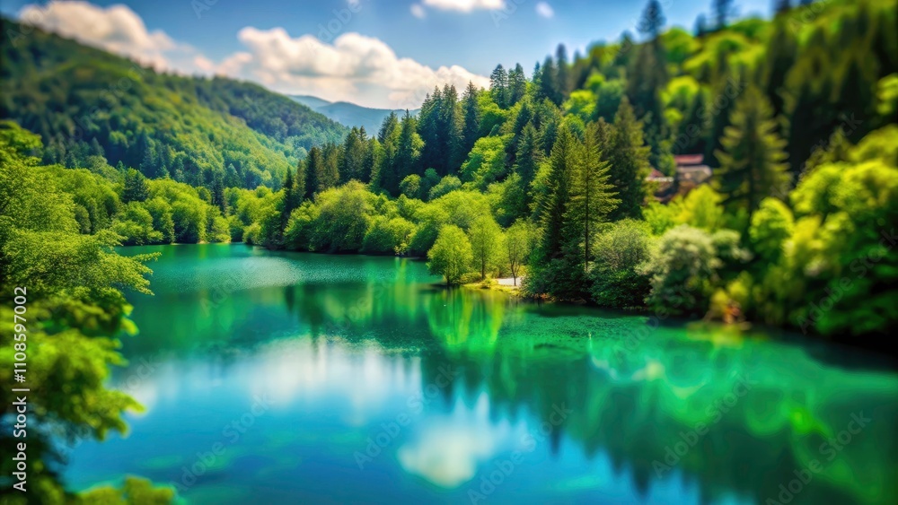 Fototapeta premium Vertical Tilt-Shift Photography of Serene Green Lake Views for Banners and Backgrounds