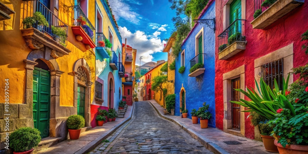 Fototapeta premium Vibrant Kiss Alley in Guanajuato, Mexico, Showcasing Colorful Houses, Street Art, and Cultural Heritage in an Enchanting Urban Landscape