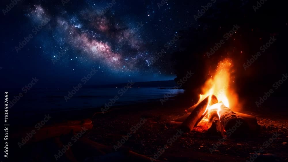 Enchanting Summer Beach Bonfire Under the Milky Way with Starlit Skies, Calm Ocean Waters, and Warm Glowing Logs – A Serene Nighttime Coastal Escape Enchanting Summer Beach Bonfire Under the Milky Way with Starlit Skies, Calm Ocean Waters, and Warm Glowing Logs – A Serene Nighttime Coastal Escape