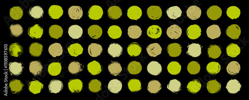 Green round brush strokes. Vector grungy organic rough circles. Various shades of green vintage hand-painted lines, circles, squares, abstract scribbles. Retro eco bio health food labels and stickers
