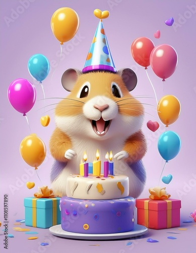 Birthday hamster with balloons and cake Cartoon 