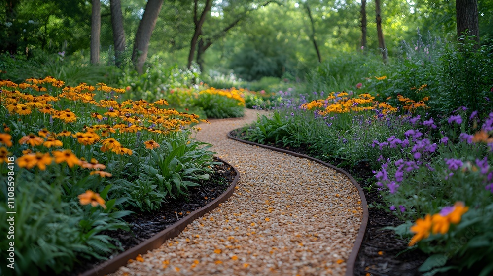 Obraz premium Garden Path with Orange and Purple Flowers