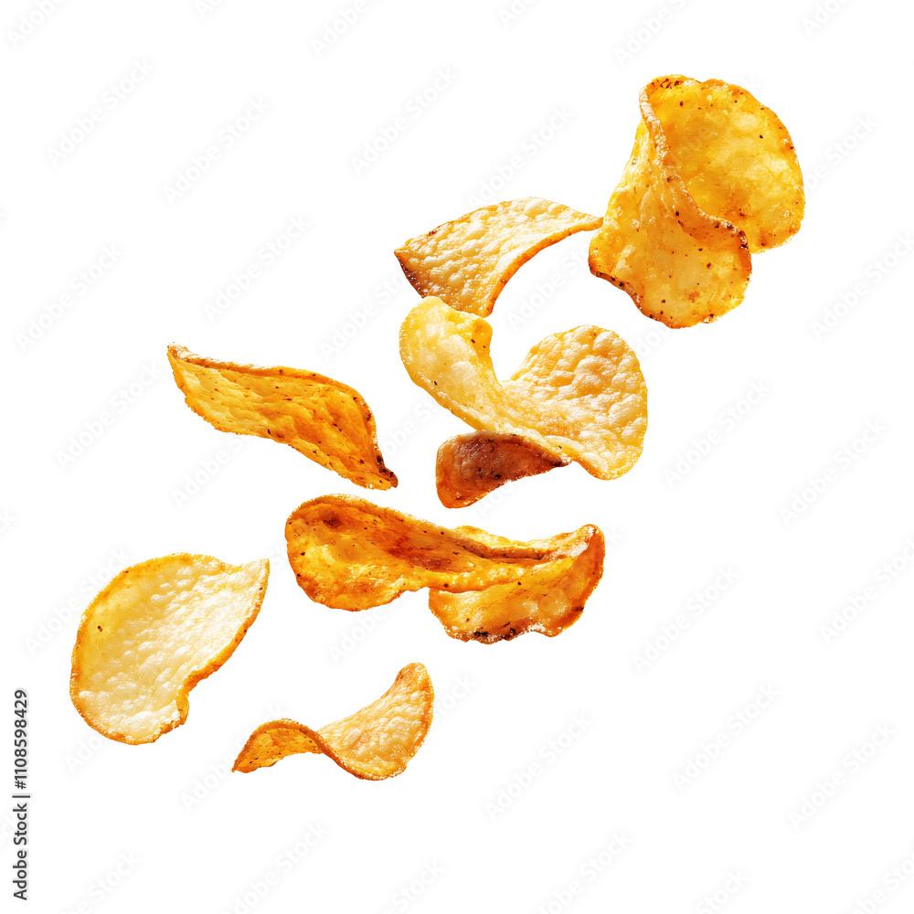 Flying potato chips isolated on white & transparent a background. Flying potato chips isolated on white & transparent a background.