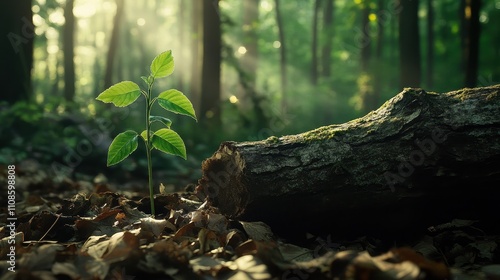 Sunrise in the Forest A Tiny Sapling Grows Beside a Mossy Log - Nature Photography