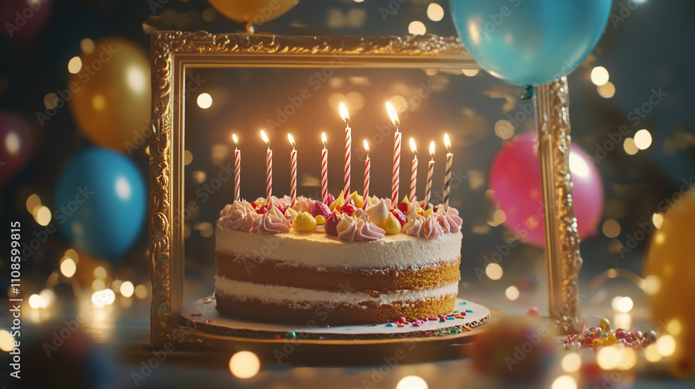 Celebrate a joyful birthday party with a beautifully decorated cake and colorful decorations Celebrate a joyful birthday party with a beautifully decorated cake and colorful decorations
