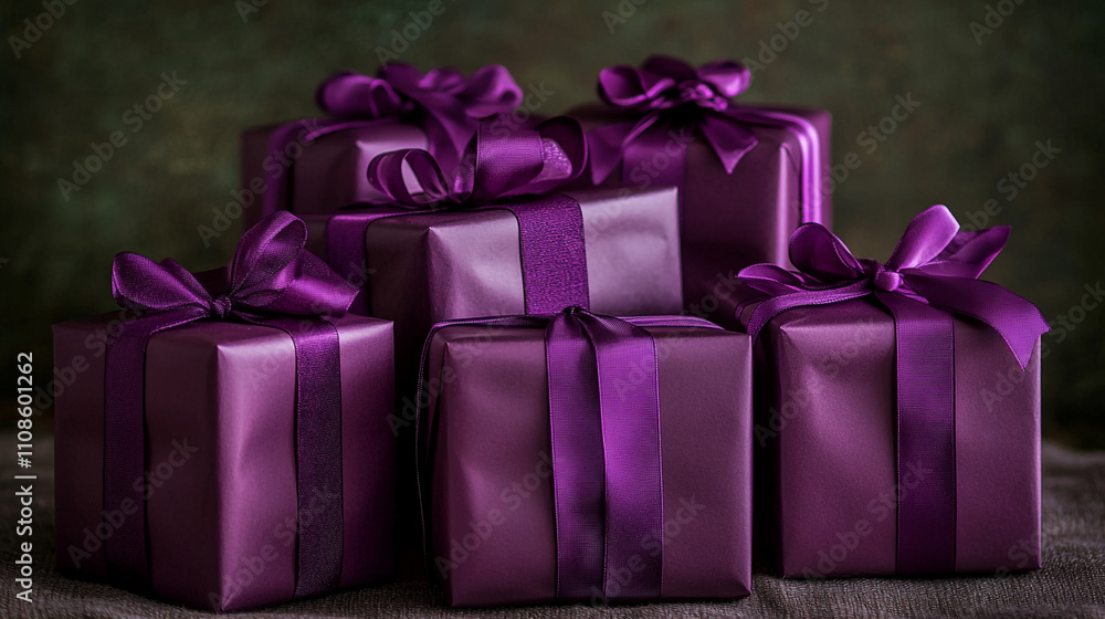 Obraz premium Elegant purple gift boxes arranged in a decorative display for special occasions