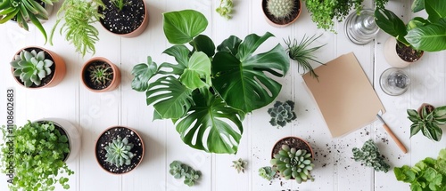 A vibrant indoor garden, adorned with a collection of potted plants. The centerpiece is a large, lush monstera plant, Surrounding it are a variety of succulents, ferns, and other tropical plants.