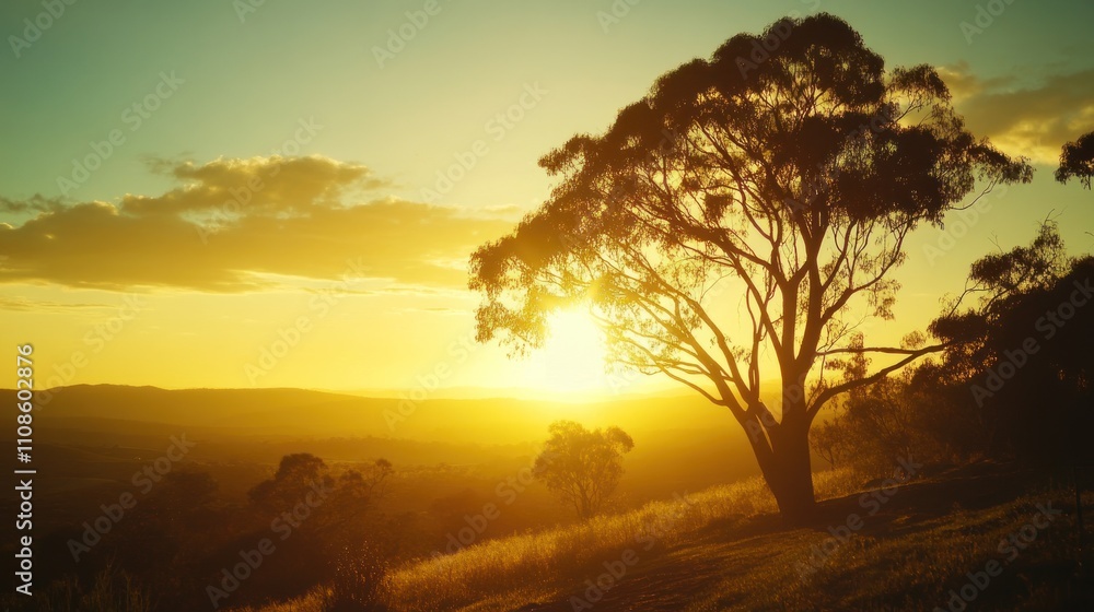 Fototapeta premium Golden Sunset Over Hilly Landscape With Silhouetted Tree