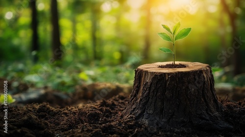 New Life Sprouting from Tree Stump  Hope, Renewal, and Environmental Regeneration in a Forest Setting.
