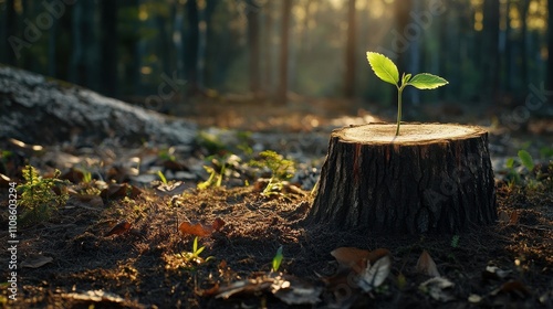 New Life Emerging Sapling Sprouting from Tree Stump in Sunlit Forest - Nature Rebirth, Regeneration, and Sustainability Concept