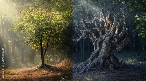 Diptych of a Young and Old Tree in a Mystical Forest Nature's Cycle of Life and Death, Sunrise and Sunset Contrast photo